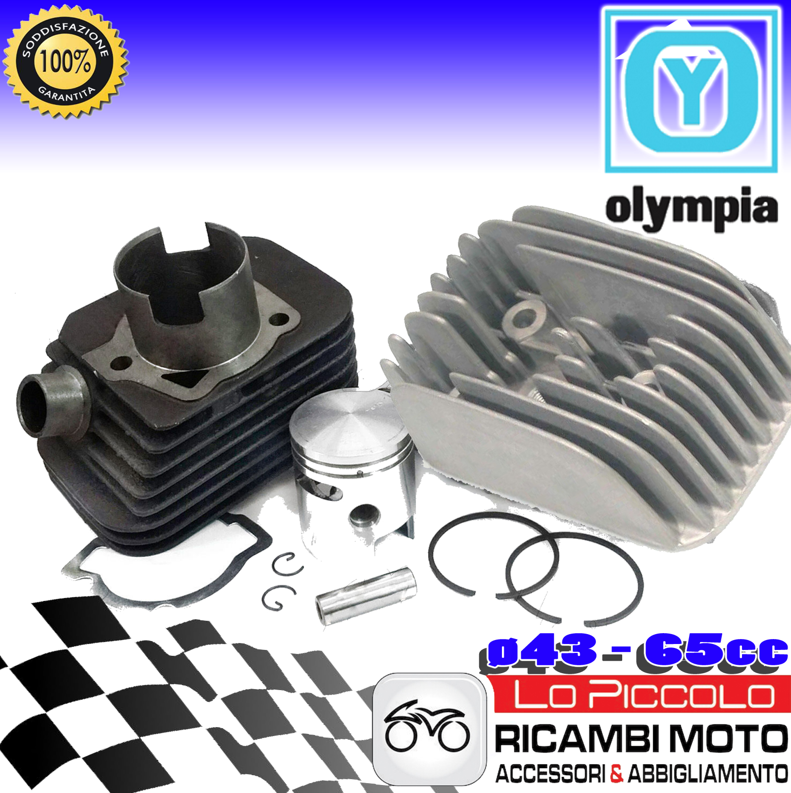 Gruppo Termico Olympia 65cc Per Piaggio - Cilindro &Oslash;43mm, Spinotto 10mm - Compatibile Con Si, Boss, Grillo